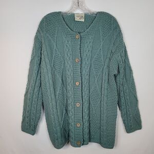 Connemara 100% Merino Wool Cardigan Womens L Green Fisherman Cable Irish Sweater